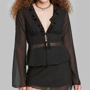 Women's Bell Long Sleeve Tie-Front Ruffle Sheer Black Top Size XS